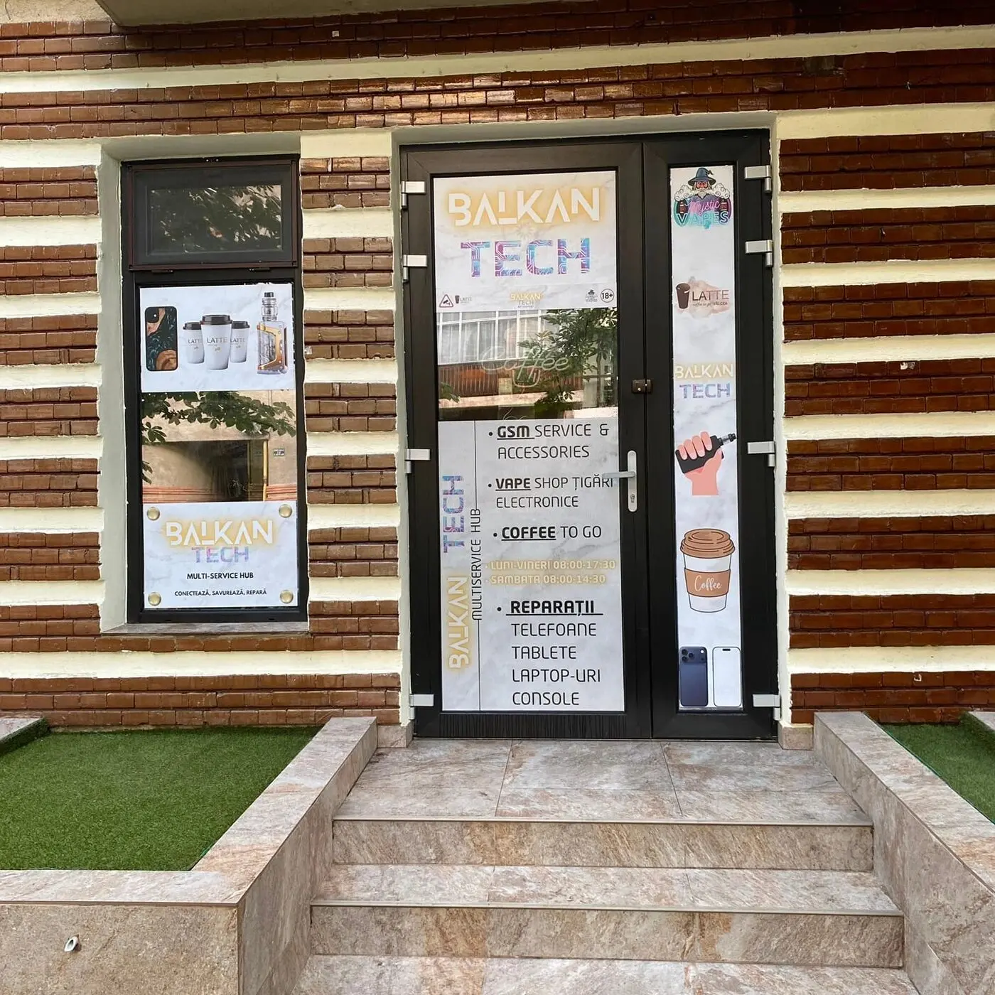 Intrare Balkan Tech Multi-Service Hub Râmnicu Vâlcea — service GSM, Mystic Vapes, Latte Coffee to Go
